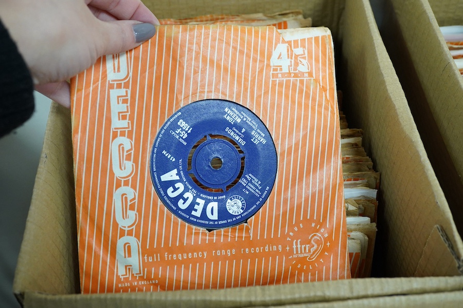 Three boxes of 7 inch singles, all on Decca record label, artists include; Dave Berry, Billy Fury, the Big Three, Chris Ravel, the Sunspots, Max Bygraves, the Tornadoes, Larry Page Orchestra, The Rolling Stones Small Fac